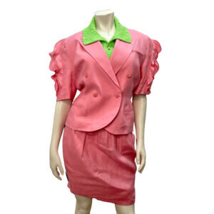 80s Lolita Lempicka Vintage Designer Bubblegum Pink Linen Suit Made in France Si